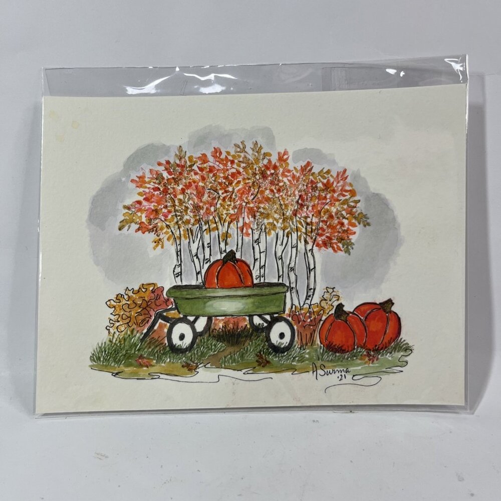 Original Watercolor By A. Surma 2021 Fall Halloween Theme Pumpkins Aspen Trees